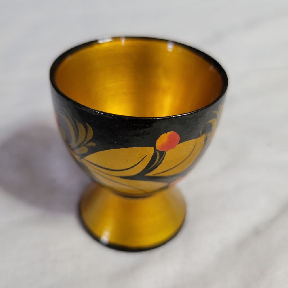 Vintage Russian Khokhloma Hand Painted Wood Egg Cup Gold Black Berry Folk Art